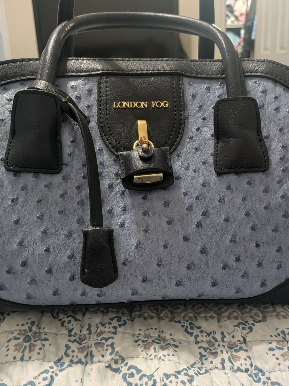 London Fog Two-Tone Blue and Black Satchel with Gold Hardware
